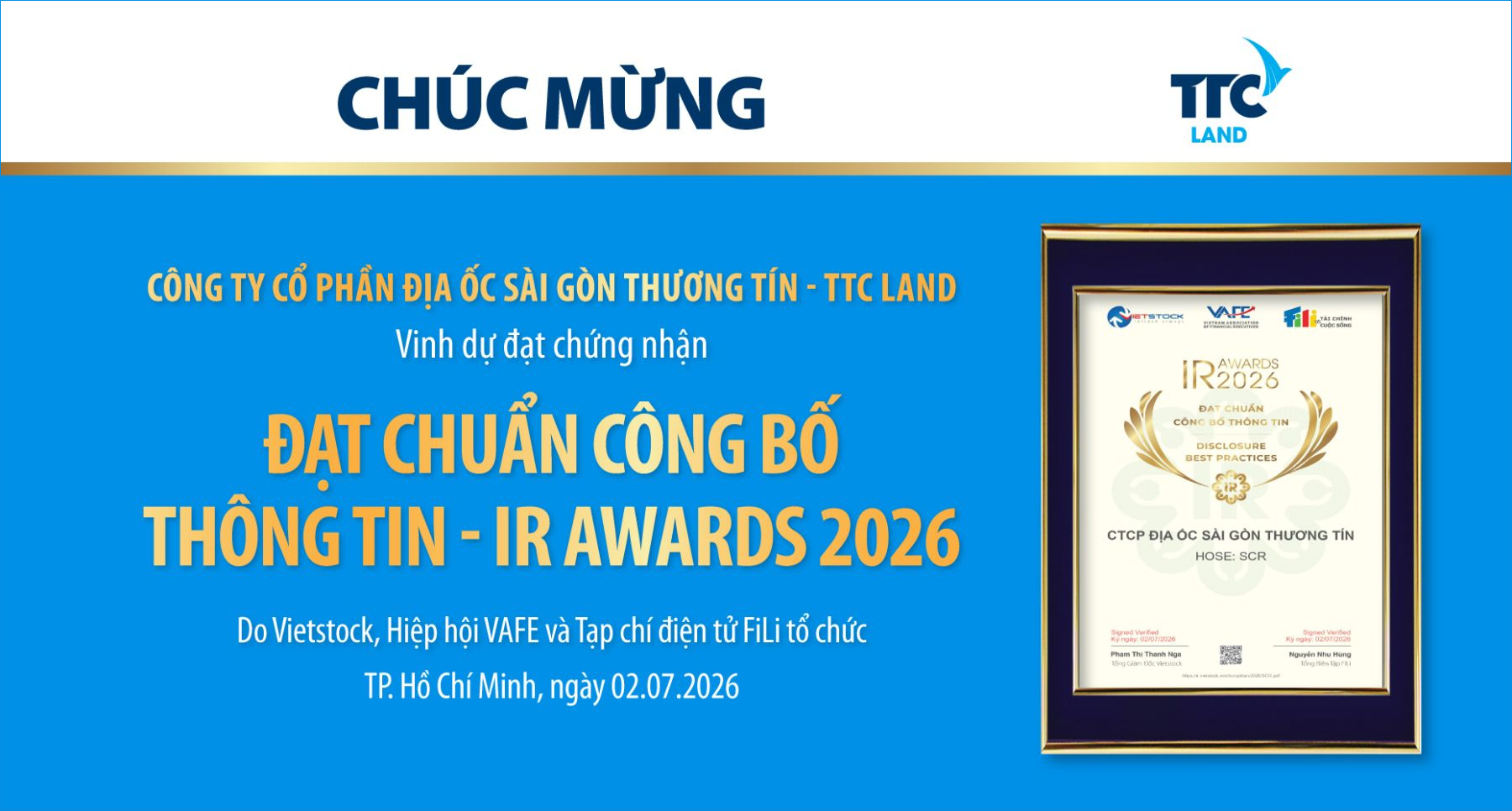 IR Awards 2026: TTC Land thuộc 459 doanh nghiệp niêm yết hoàn thành tốt nghĩa vụ công bố thông tin năm 2026
